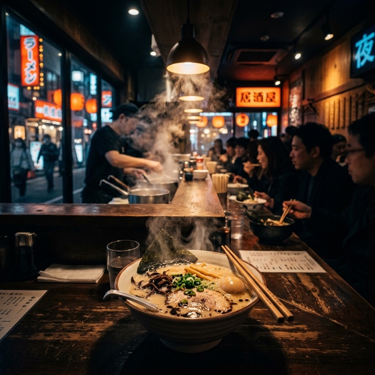 Steaming bowl of Tokyo-style ramen with chashu, egg, and scallions